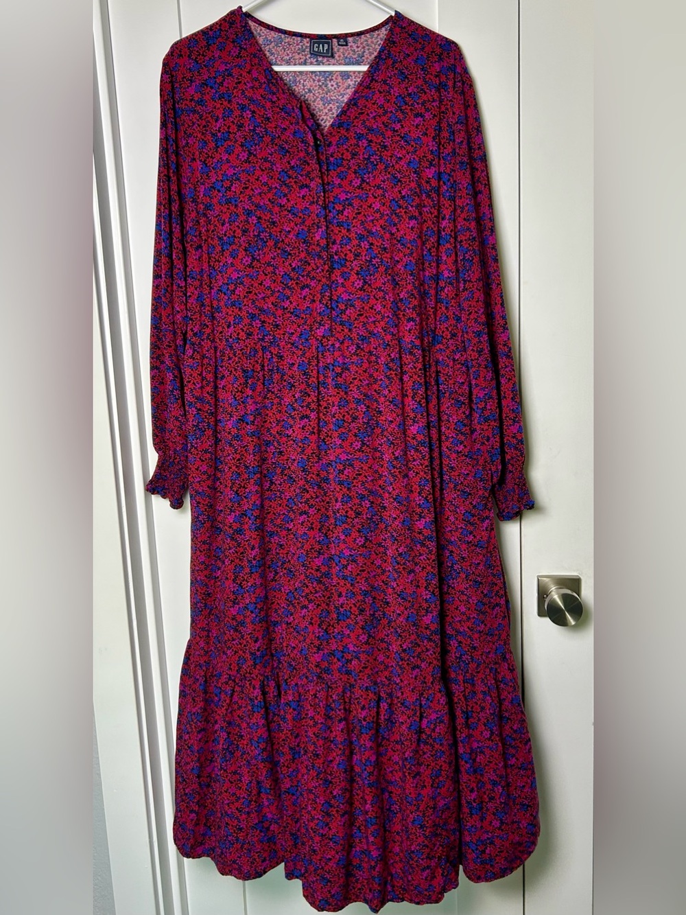 GAP XL Tall Floral Tiered Midi Dress Pink Blue Long Sleeve
